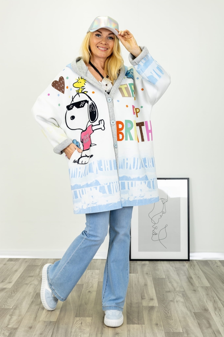 Bluza Tonara w kolorze ecru z luźnym fasonem kapturem kieszeniami bocznymi i graficznym nadrukiem piesek w okularach Antaresa