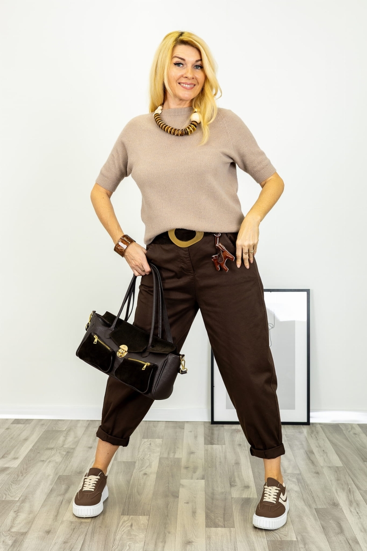 Cappuccino bluzka dzianinowa o gładkiej strukturze z krótkim rękawem Castelpetroso