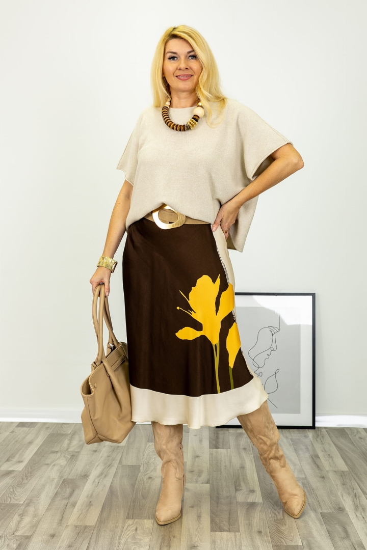 Spódnica Sanmauro damska brązowa satynowa midi z gumką w pasie