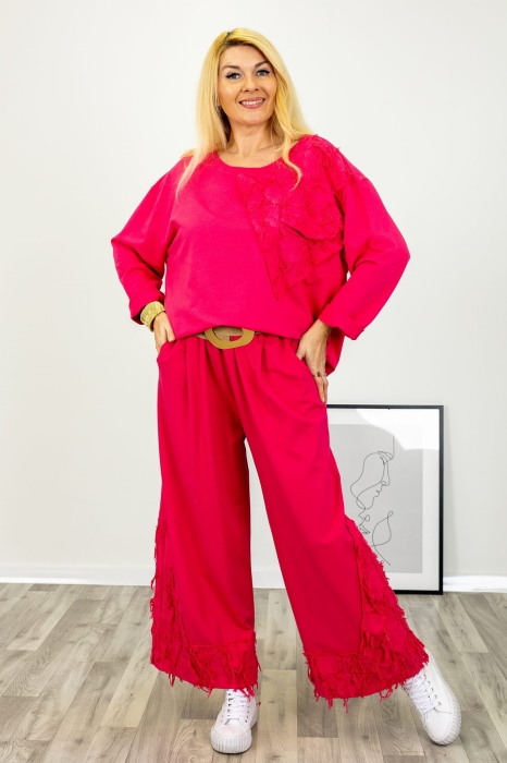 Spodnie Giardinello fuksja szeroka nogawka z dekoracyjnym pasem