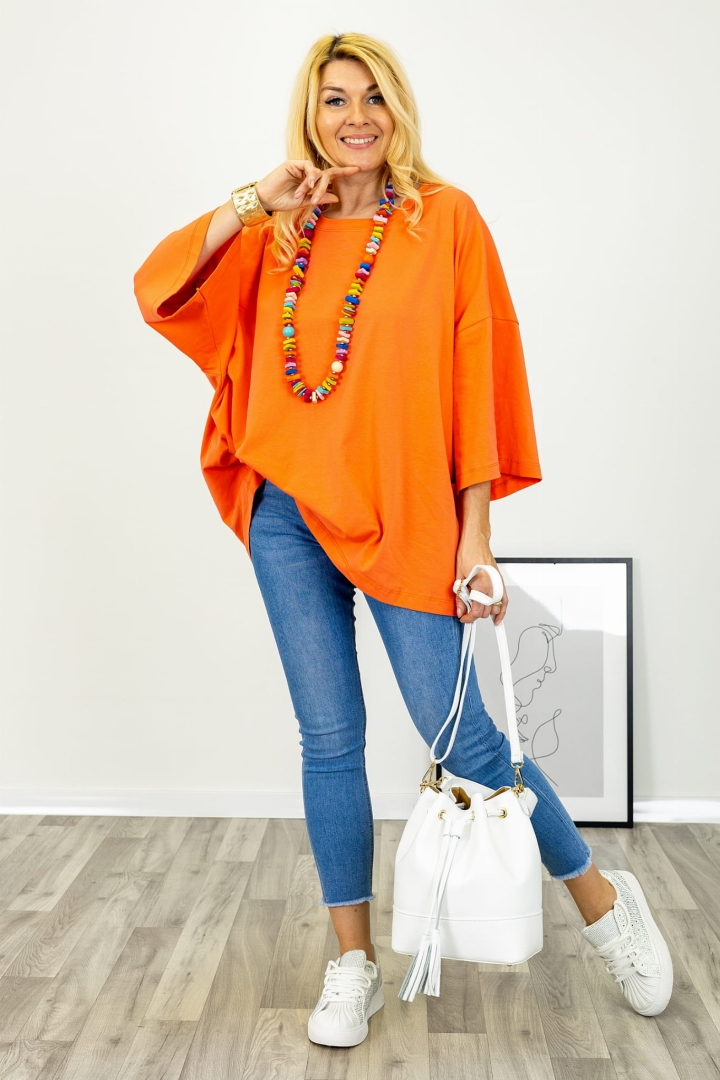 T-shirt bawełniany mega oversize z okrągłym dekoltem i obniżoną linią ramion Cadiroggio koralowy