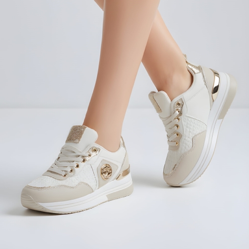 Beżowo-złote sneakersy damskie Frassinetto o nowoczesnym fasonie z metalicznymi detalami