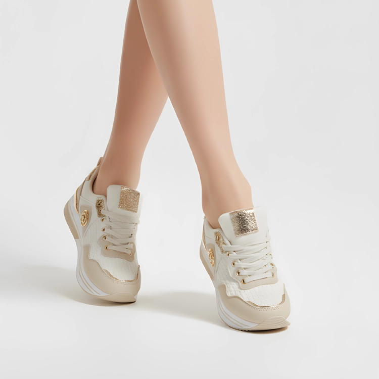 Sneakersy damskie Frassinetto beżowo-złote z kontrastowymi wstawkami i sznurowaną cholewką
