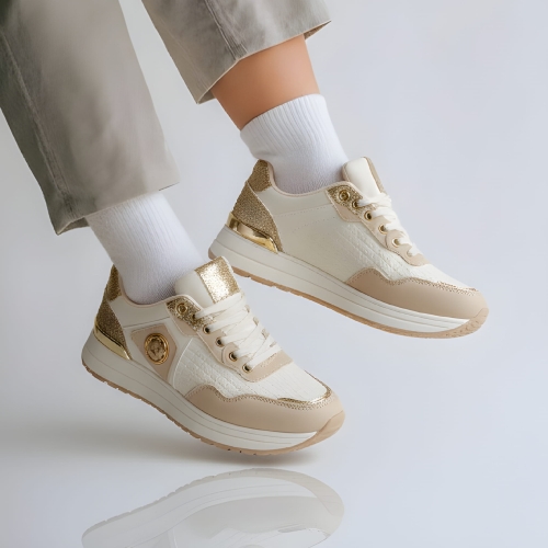 Sneakersy Frassinetto beżowo-złote z dekoracyjnym okuciem i kontrastowymi wstawkami na grubej podeszwie