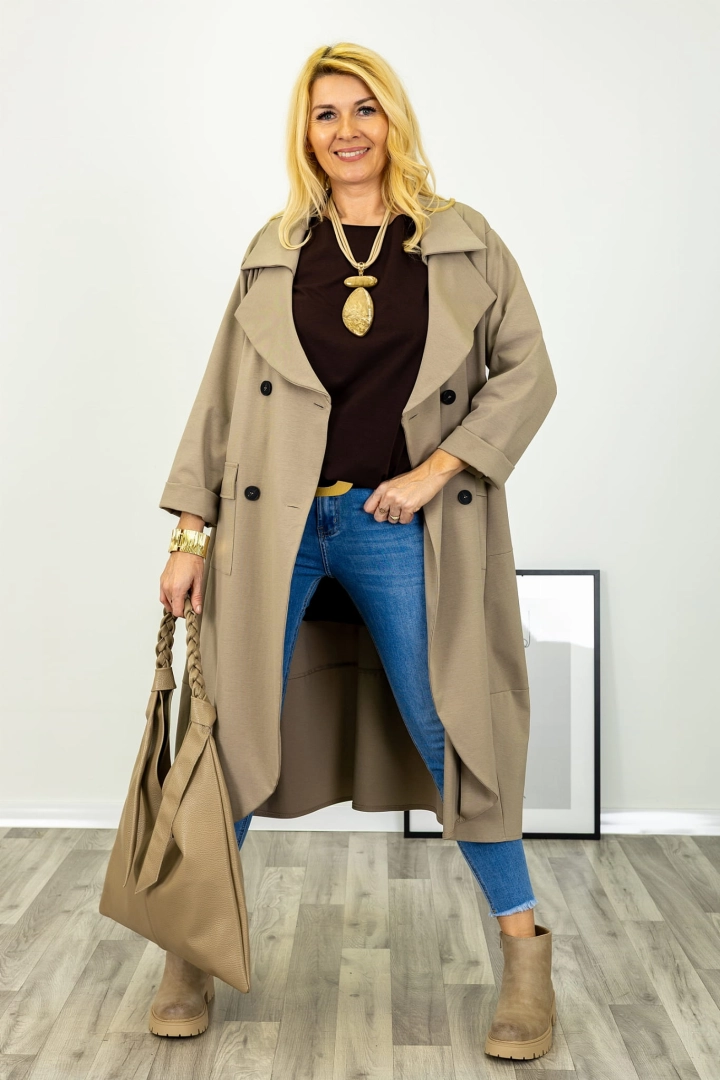 Płaszcz damski Verceia fango długi z klasycznym kołnierzem