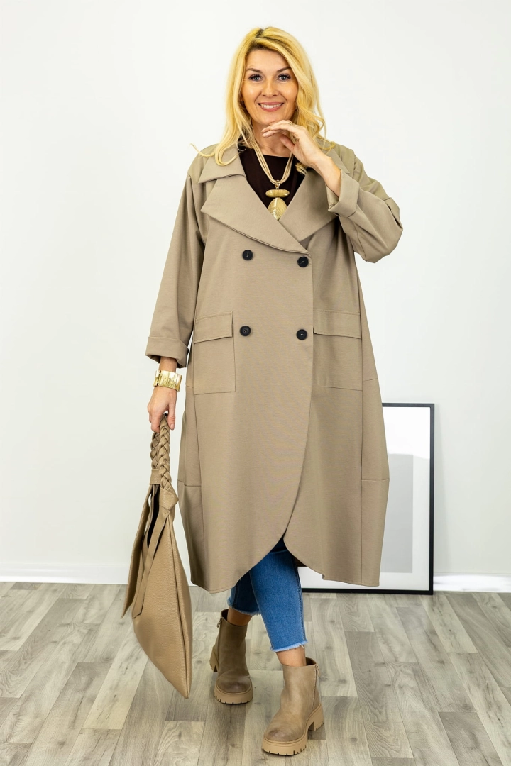 Płaszcz Verceia fango długi zapinany na dwurzędowe guziki z kołnierzem
