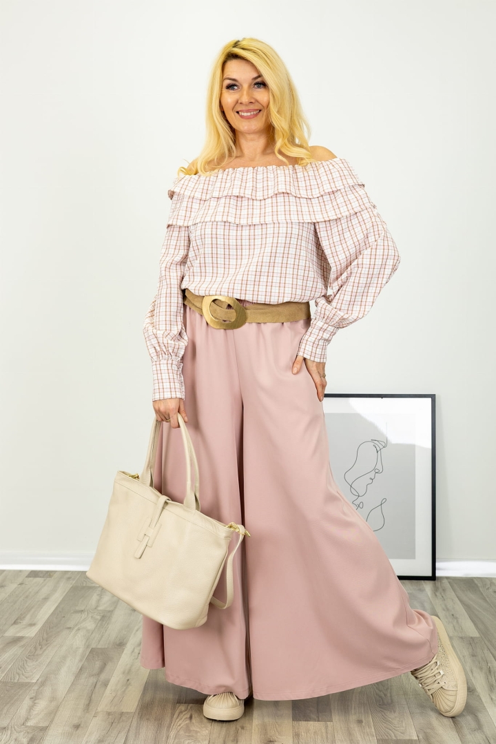 Spodnie palazzo Valdisotto pudrowy róż z wysokim stanem i gumką w pasie