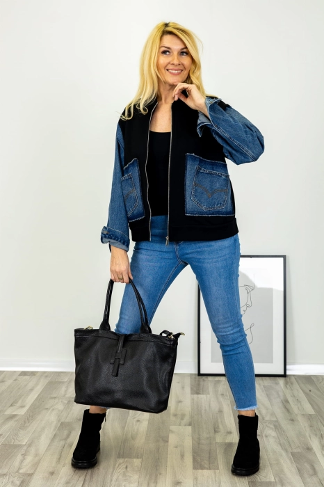 Bluza na suwak Cedrasco czarna z jeansowymi kieszeniami na przodzie