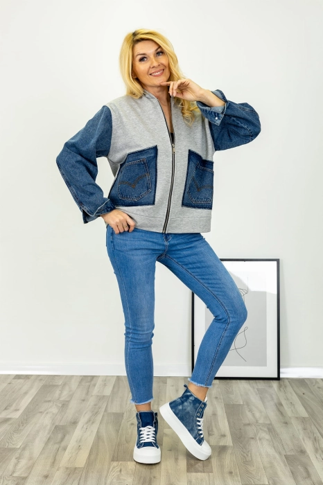 Bluza na suwak Cedrasco szara z jeansowymi kieszeniami na przodzie