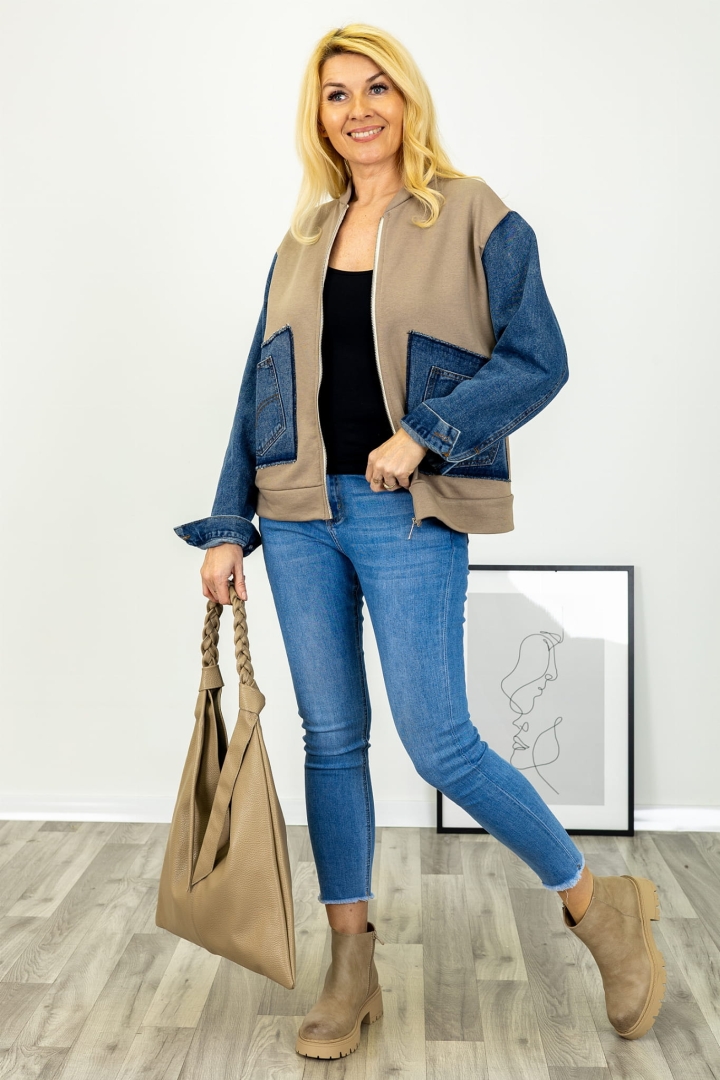 Bluza na suwak Cedrasco fango z jeansowymi kieszeniami na przodzie