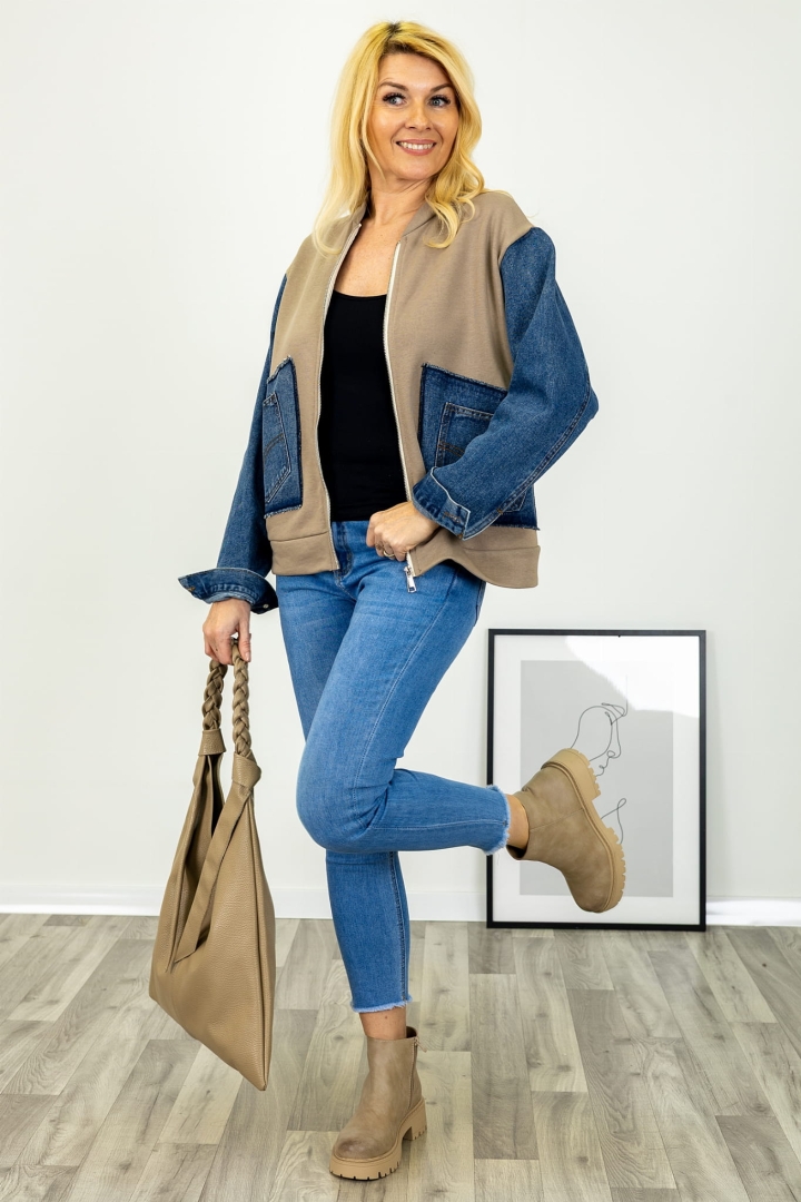 Bluza damska Cedrasco fango na suwak z jeansowymi rękawami