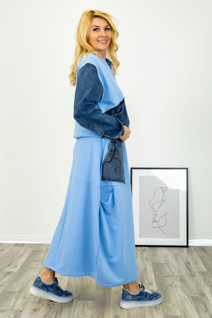 Grosotto spódnica błękitna maxi na gumce z zakładkami po bokach i jeansowymi kieszeniami Antaresa