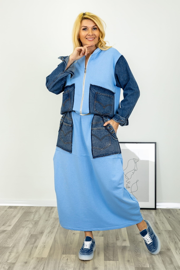 Spódnica maxi Grosotto błękitna na gumce w pasie z zakładkami bocznymi i jeansowymi wstawkami Antaresa