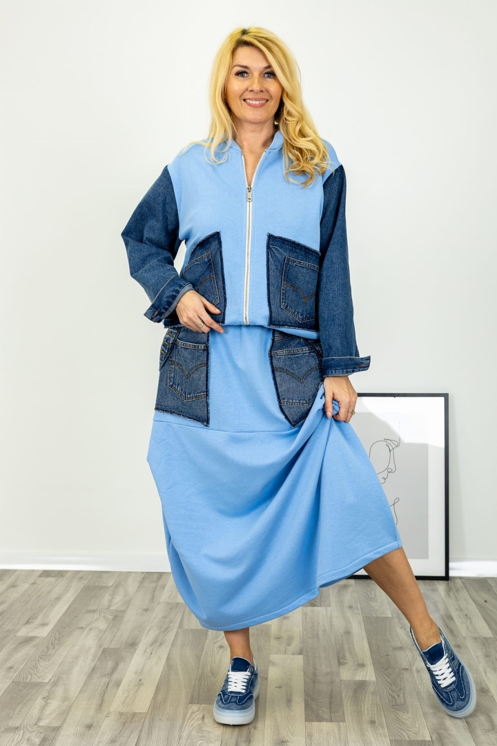 Spódnica błękitna Grosotto maxi na gumce z zakładkami i jeansowymi kieszeniami z przeszyciem Antaresa