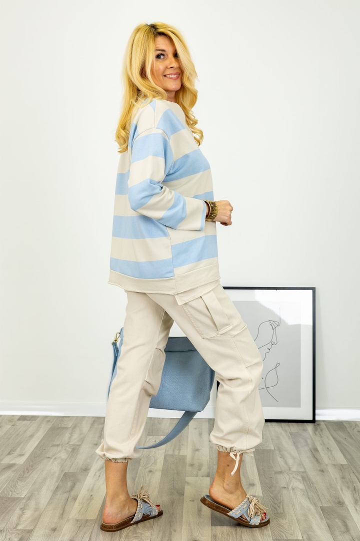 Sernio bluzka z dekoltem V i długim rękawem w paski błękitne i beżowe Antaresa