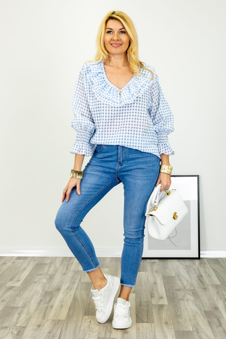 Bluzka w kratkę Summonte z marszczonymi rękawami i luźnym fasonem