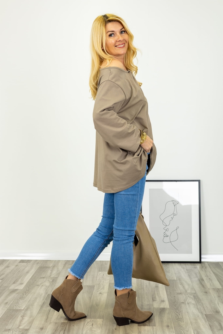 Tunika asymetryczna z przodem z zakładką okrągłym dekoltem i długim rękawem Affonnatora fango