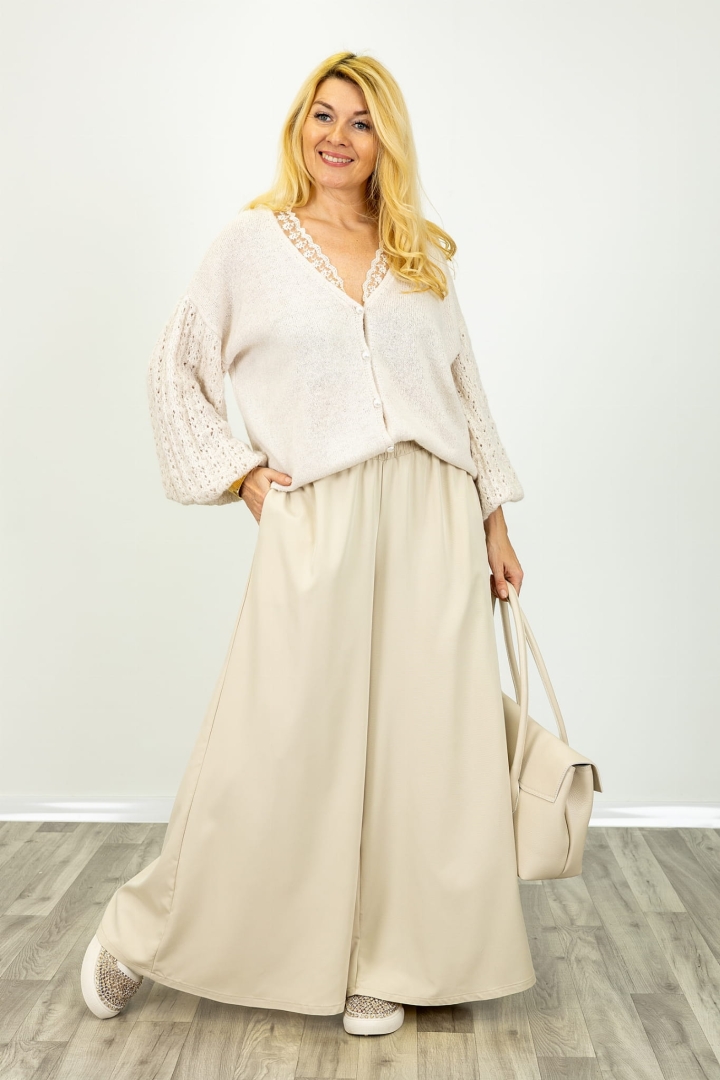 Spodnie palazzo Valdisotto beżowe wysokim stanem i gumką w pasie