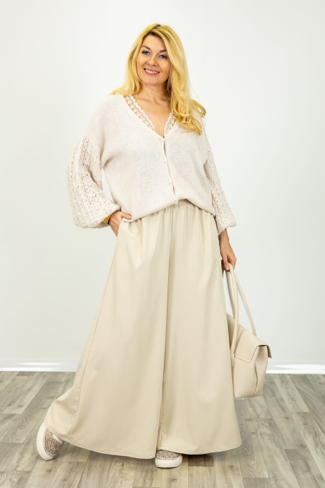 Spodnie palazzo Valdisotto beżowe wysokim stanem i gumką w pasie