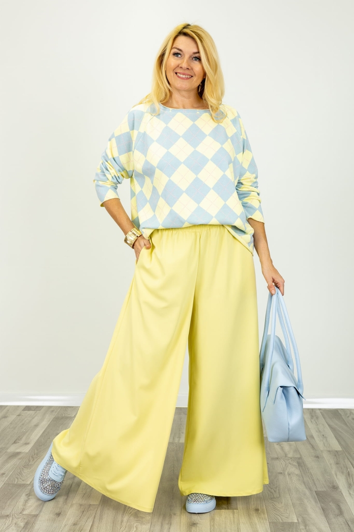 Spodnie Valdisotto pastelowe żółte o kroju palazzo z szeroką nogawką
