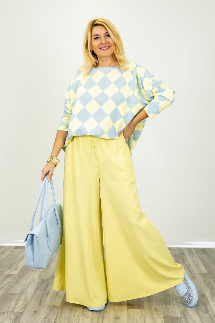 Spodnie palazzo Valdisotto pastelowe żółte z wysokim stanem i gumką w pasie