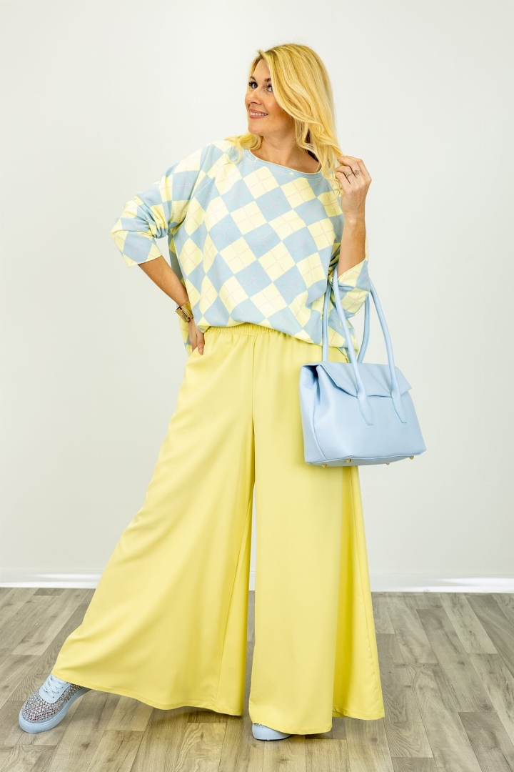 Spodnie damskie palazzo Valdisotto pastelowe żółte z gumką w pasie