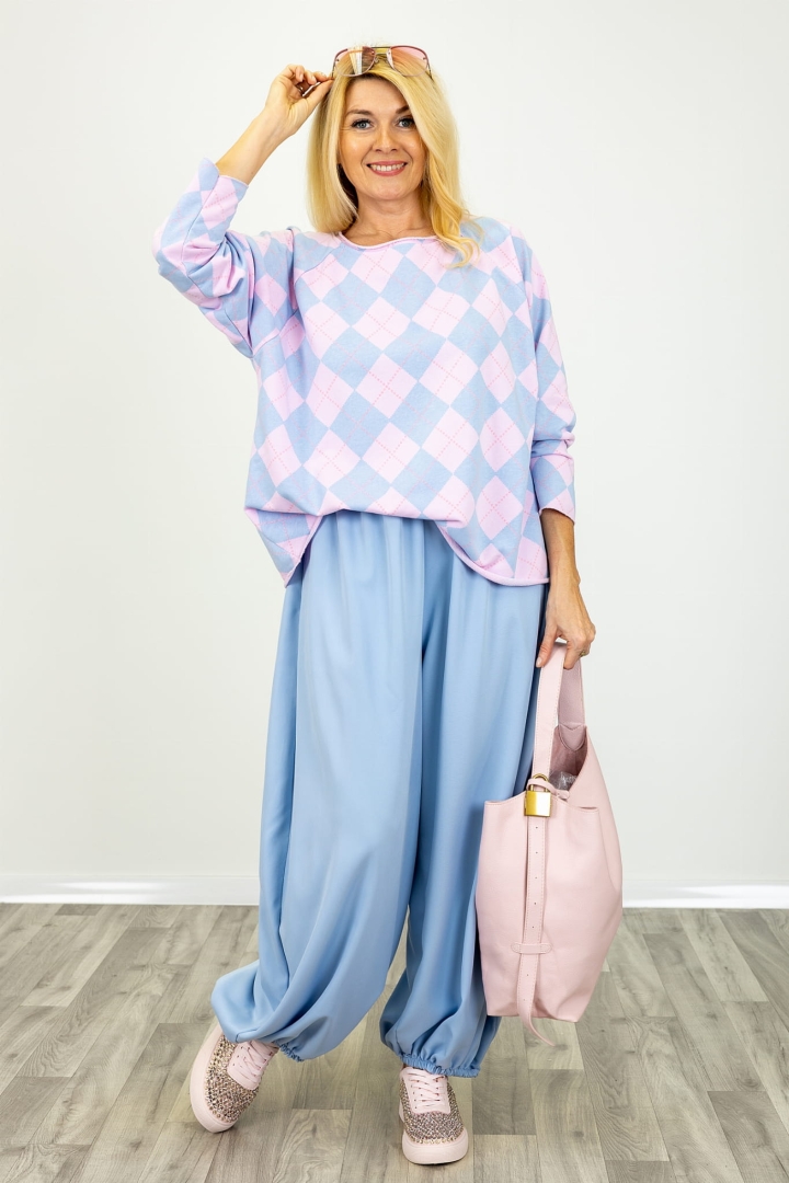 Bluzka z długim rękawem w romby z okrągłym dekoltem Piovera błękitna z pudrowym różem