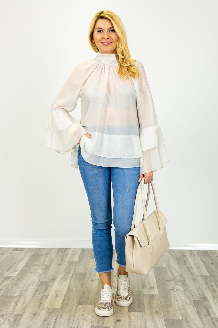 Bluzka półtransparentna z długim rękawem z falbanami i wiązaniem z tyłu Granaglione cloud dancer