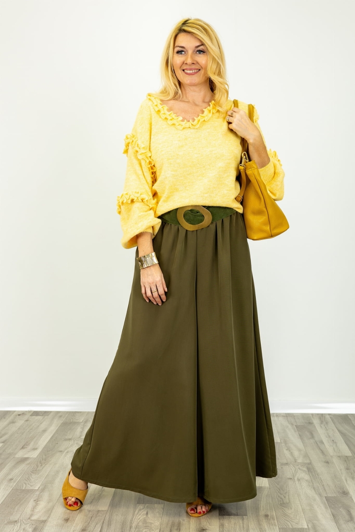 Spodnie palazzo Valdisotto khaki z wysokim stanem i gumką w pasie