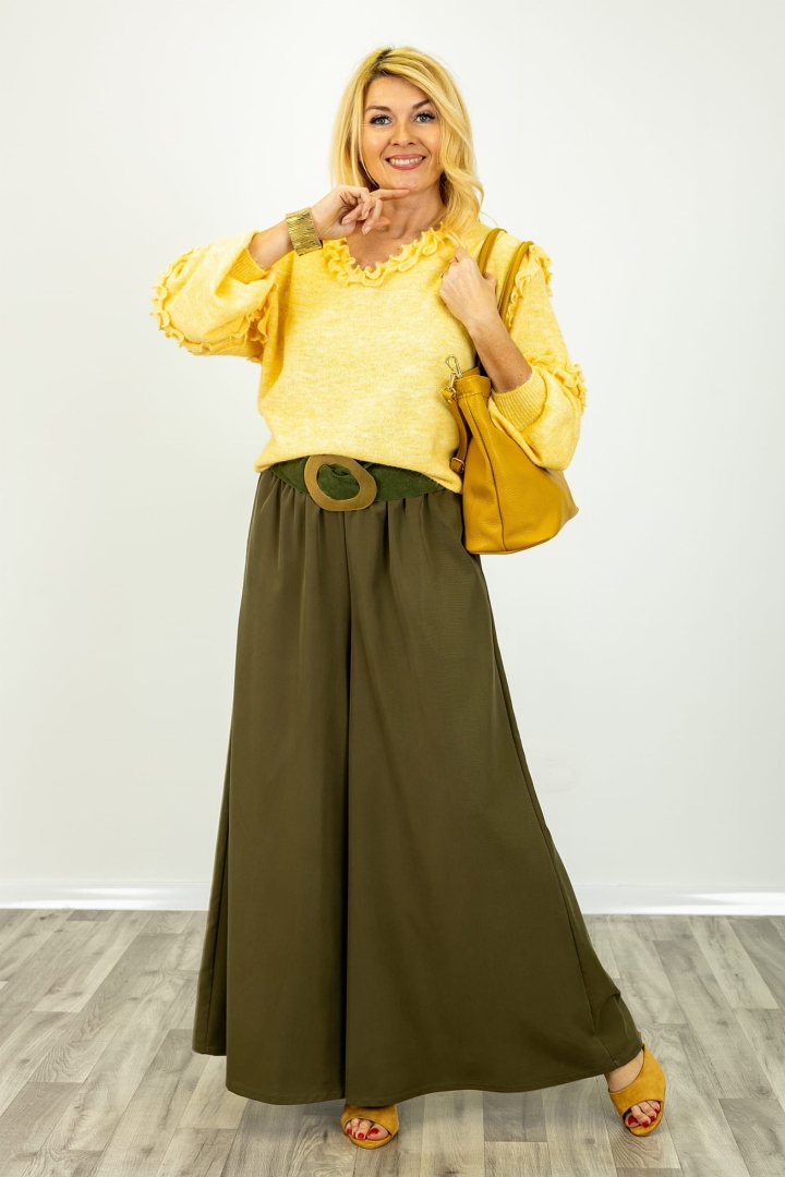 Spodnie damskie palazzo Valdisotto khaki z gumką w pasie