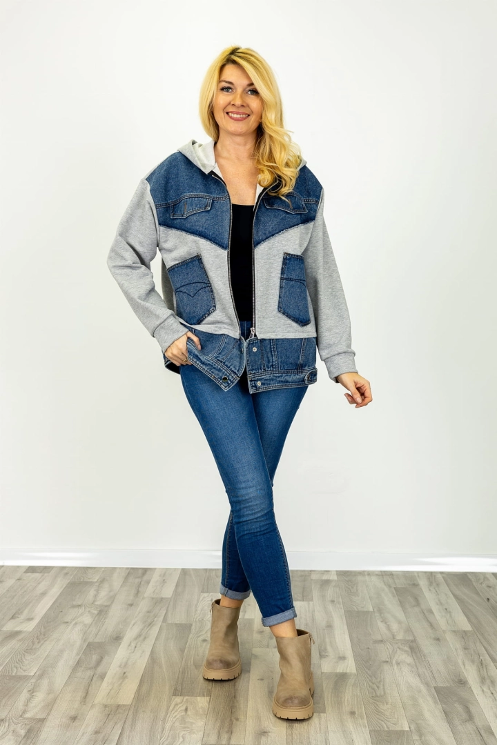 Presenzano bluza szara z kapturem i elementami jeansowymi