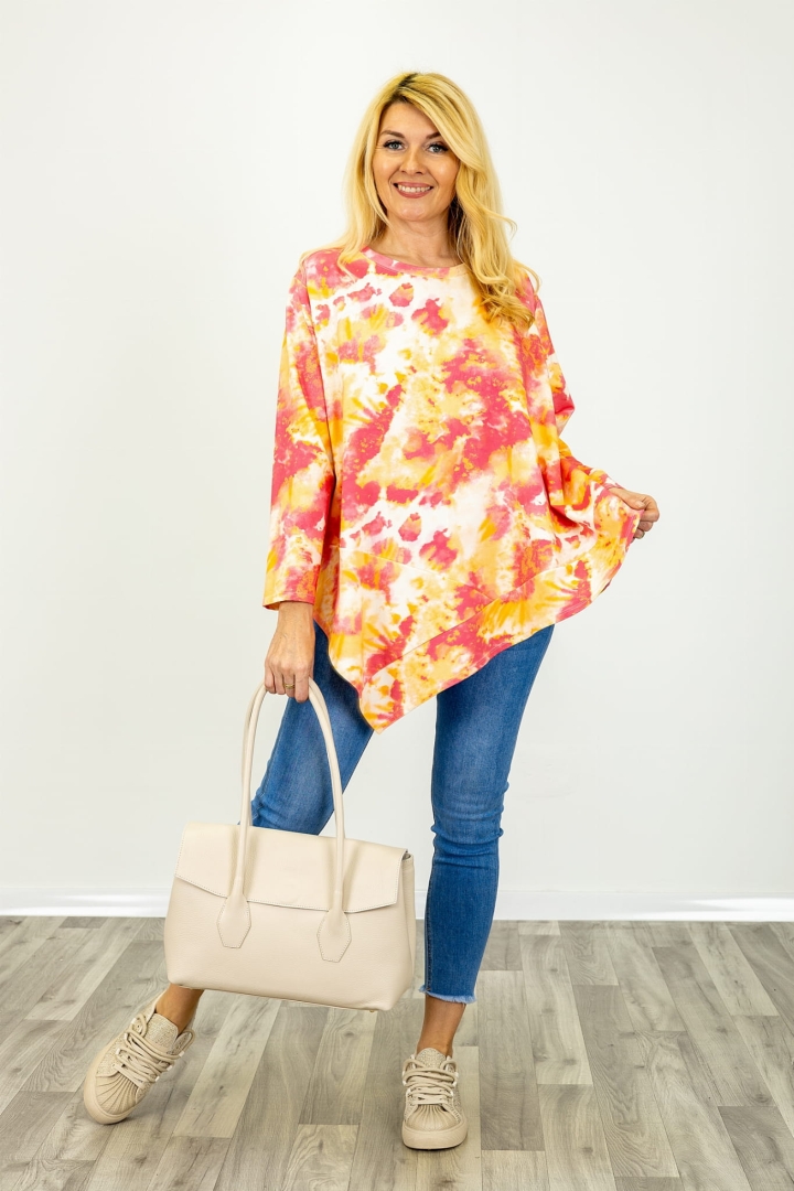 Bluzka asymetryczna z okrągłym dekoltem i długim rękawem tie dye Vallata koralowa z pomarańczowym