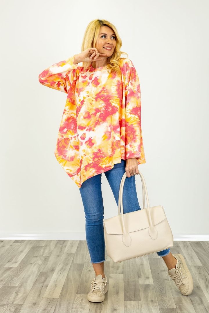 Bluzka asymetryczna z długim rękawem z bawełny z nadrukiem tie dye Vallata koralowa z pomarańczowym