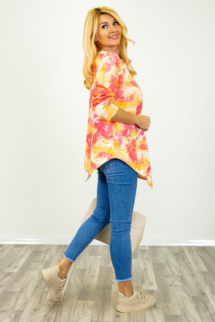 Bluzka asymetryczna bawełniana z długim rękawem i wzorem tie dye Vallata koralowa z pomarańczowym