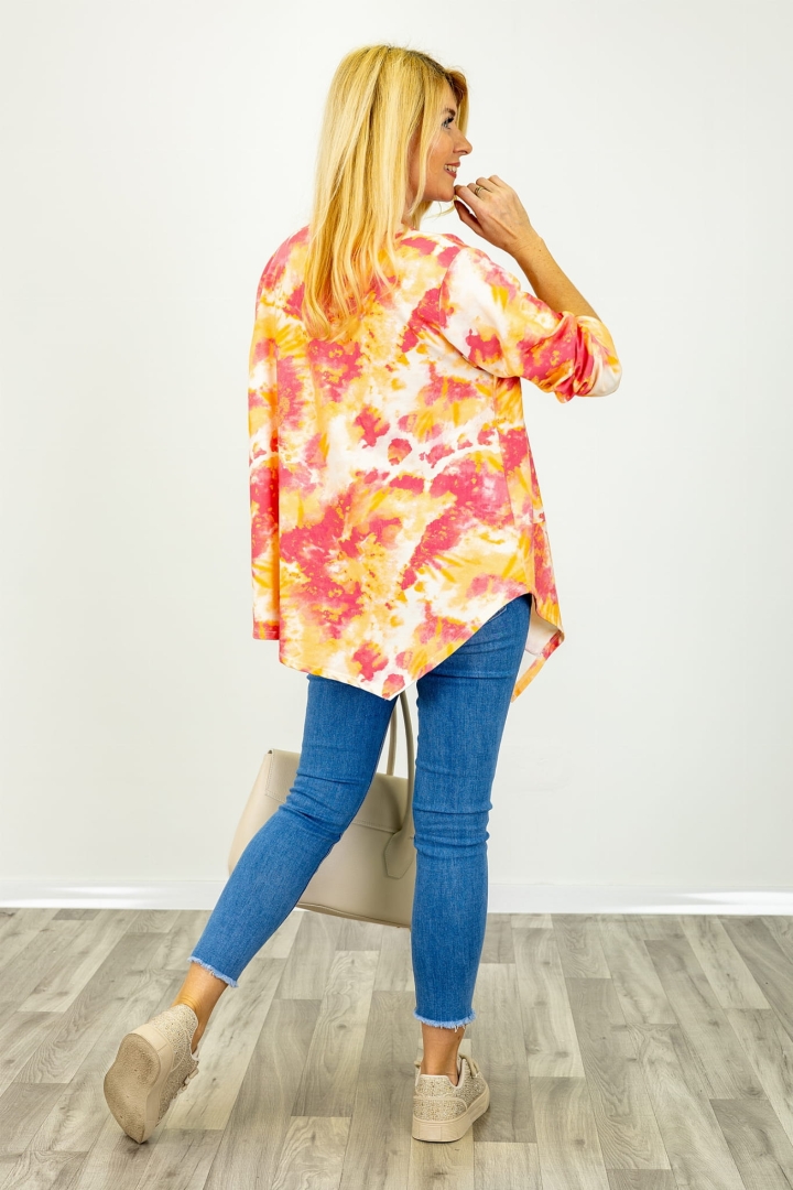 Bluzka bawełniana asymetryczna z długim rękawem i nadrukiem tie dye Vallata koralowa z pomarańczowym