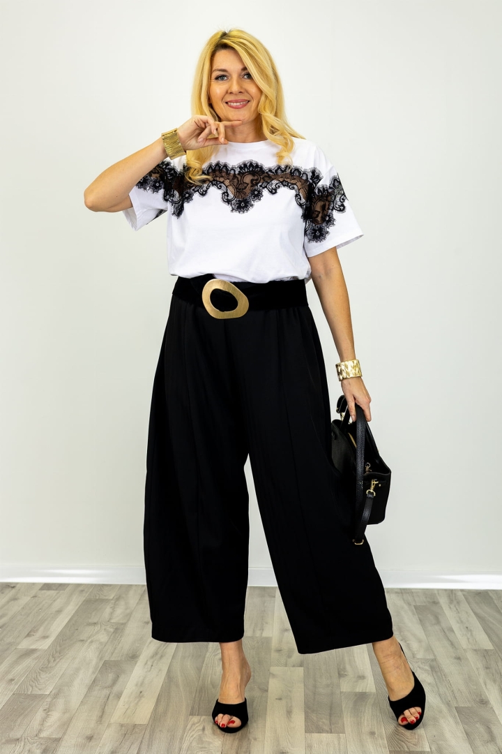 Spodnie wide leg Acreide czarne z prążkowanego materiału i gumką w pasie