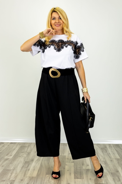 Spodnie wide leg Acreide czarne z prążkowanego materiału i gumką w pasie