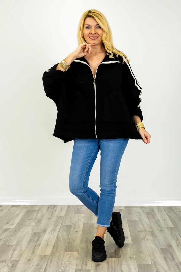 Bluza oversize z lampasami i kieszeniami zasuwana na suwak Piscero czarna