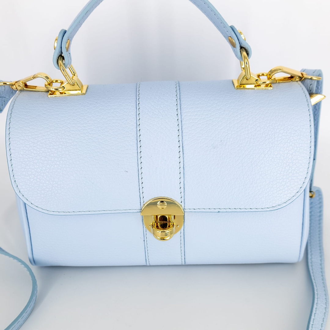 Skórzana torebka błękitna z dwiema komorami i złotymi detalami