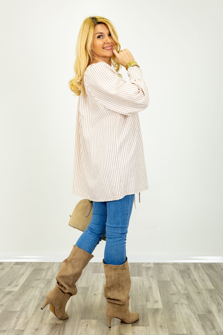 Tunika kratka zapinana na guziki hiszpanka wiązany dekolt beżowa model Rigomagnoa