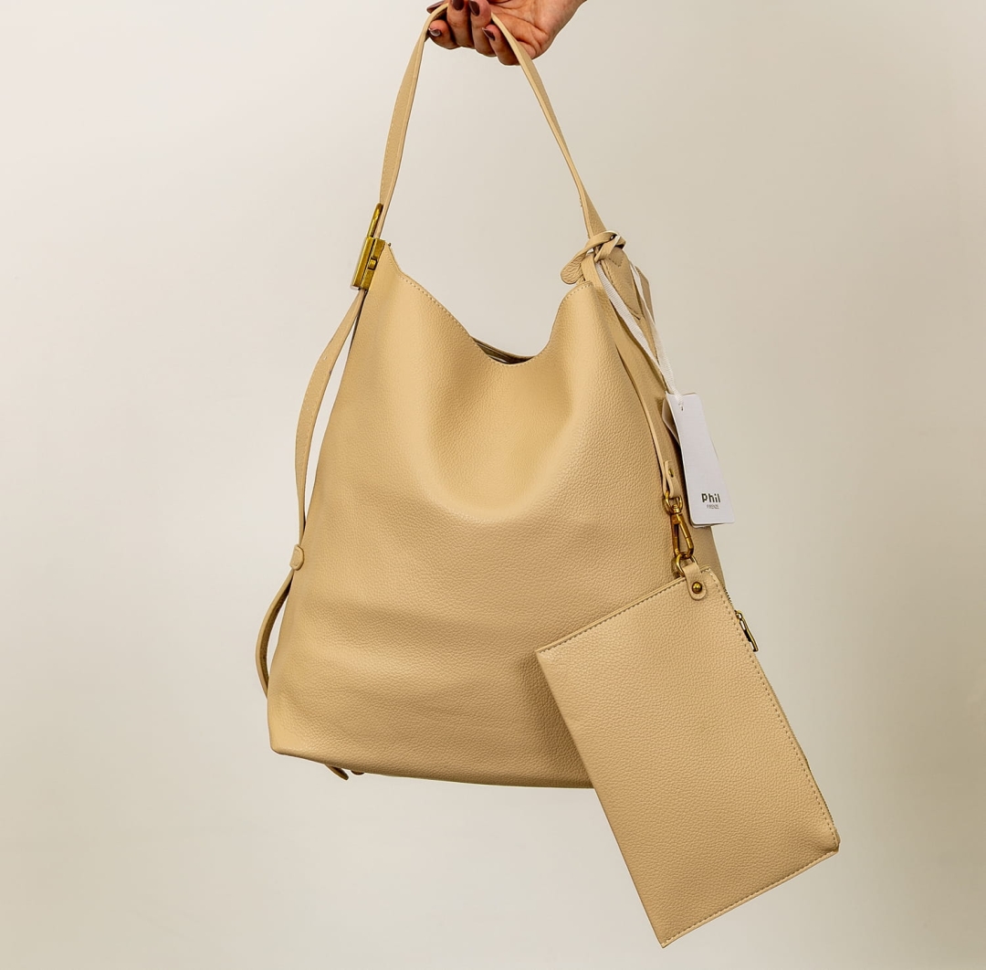 Torebka worek Rancolfo shopperka na ramię z regulowanym uchwytem ozdobną miedzianą kłódką i dodatkową saszetką casualowa beżowa ciemna