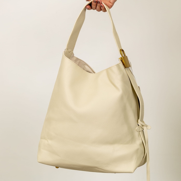 Torebka worek beżowa jasna z regulowanym uchwytem i odpinaną saszetką.