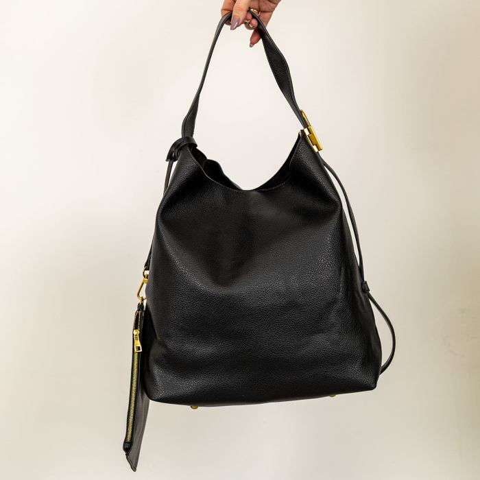 Torebka worek czarna z regulowanym uchwytem i odpinaną saszetką.