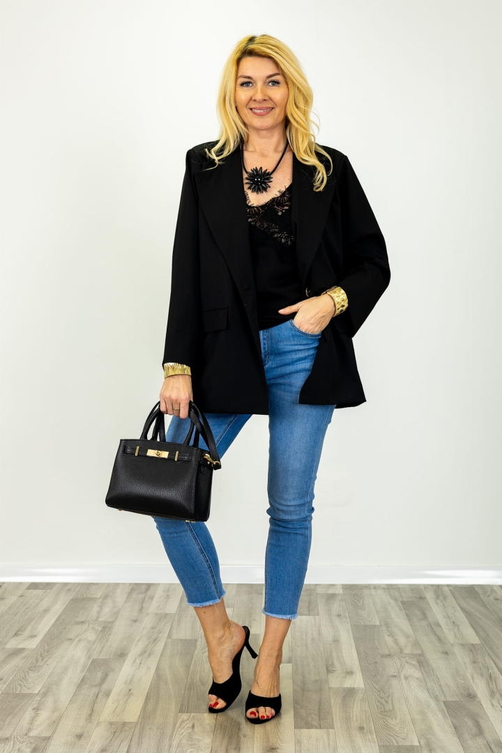 Czarna marynarka Trepalle o klasycznym kroju z prążkowaną strukturą Antaresa