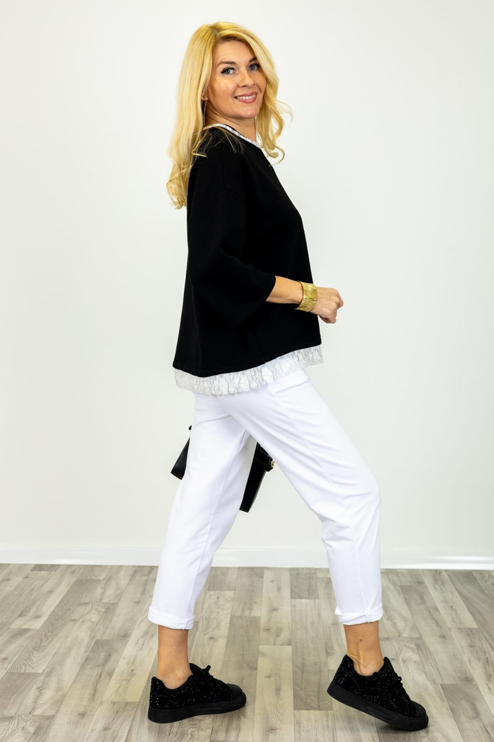 Czarna bluzka Sulbiate z krótkim rękawem i ozdobnym wykończeniem dołu