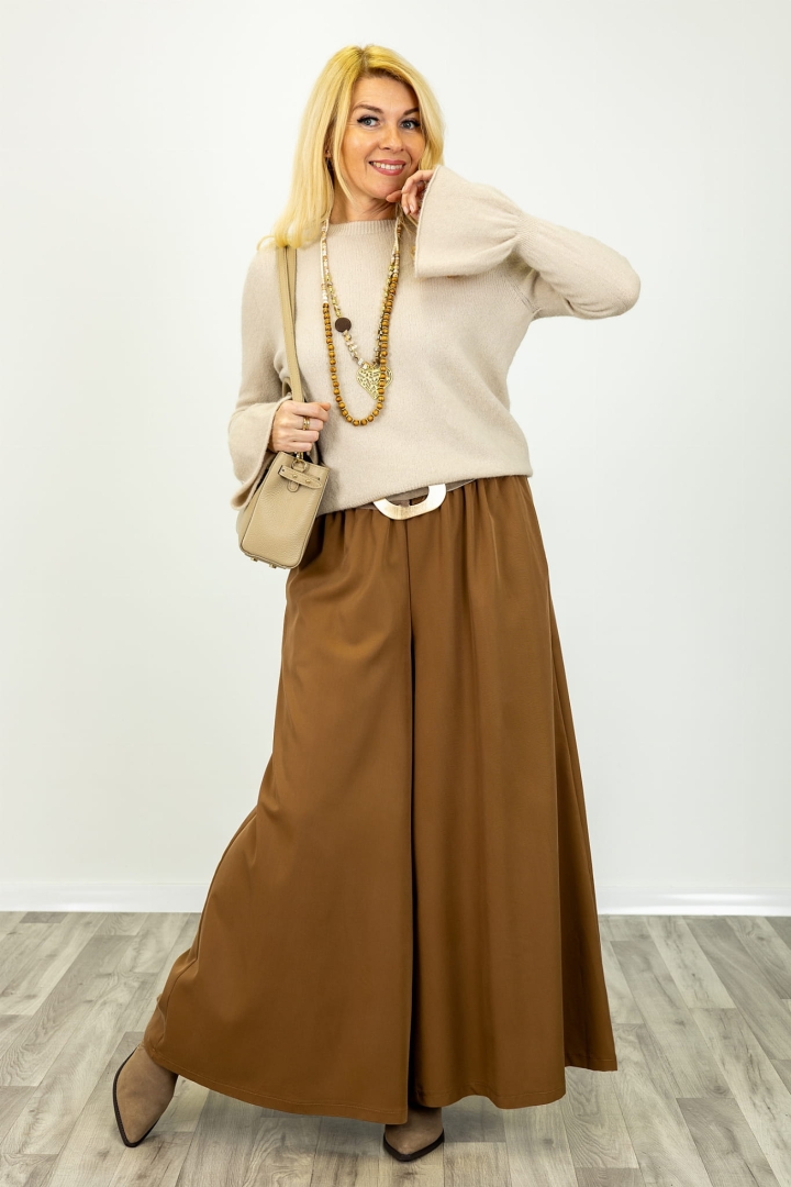 Karmelowe spodnie Valdisotto Antaresa o fasonie palazzo z szeroką nogawką i elastycznym pasem