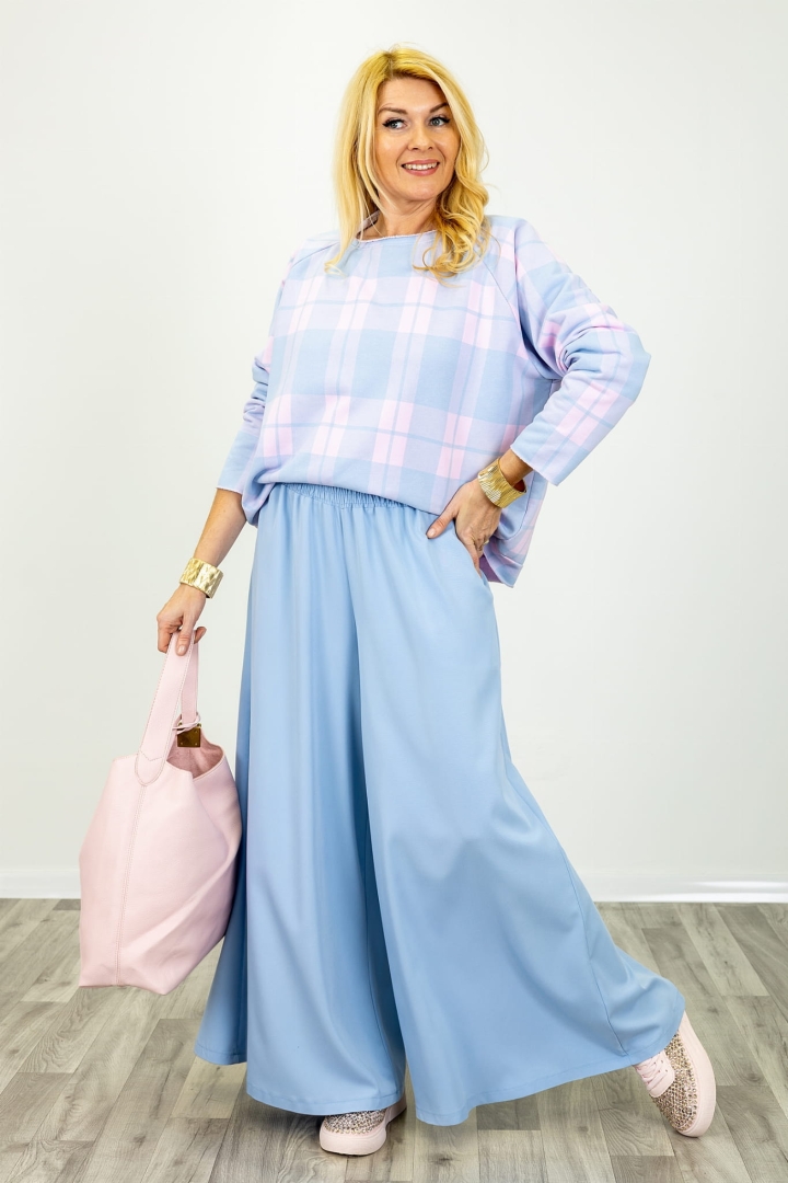 Spodnie Valdisotto błękitne typu palazzo z szeroką nogawką i wysokim stanem Antaresa