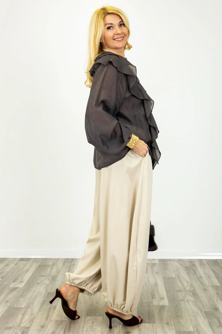 Brązowa bluzka Borgoriccoa z falbanami i dekoltem V