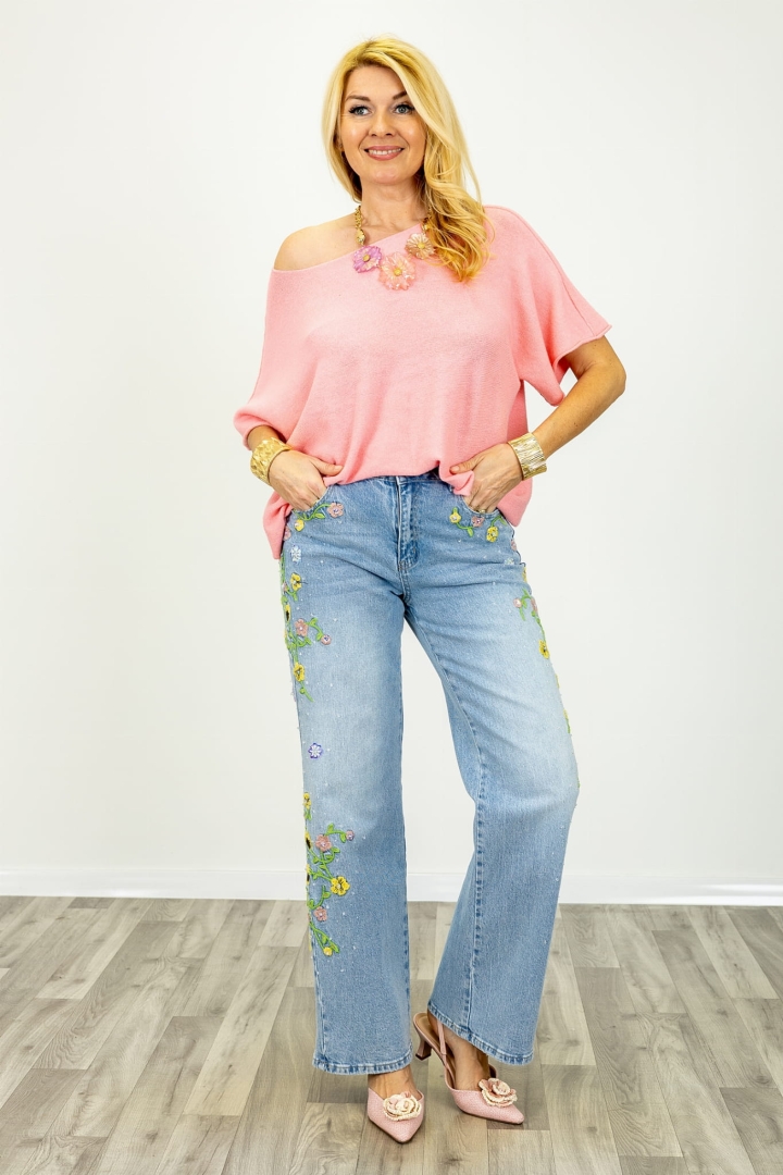 Spodnie jeansowe z wysokim stanem i prostymi nogawkami zdobione haftem kwiatowym po bokach Senarico denim blue