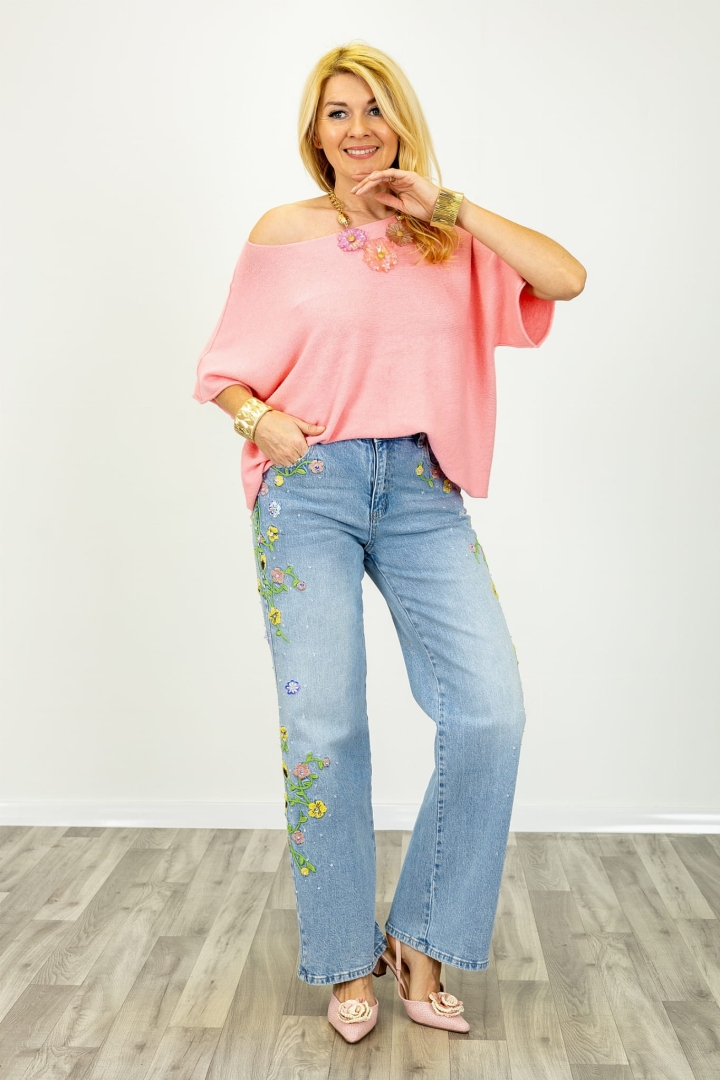 Spodnie jeansowe o prostym fasonie z efektownym haftem kwiatowym po bokach nogawek Senarico denim blue